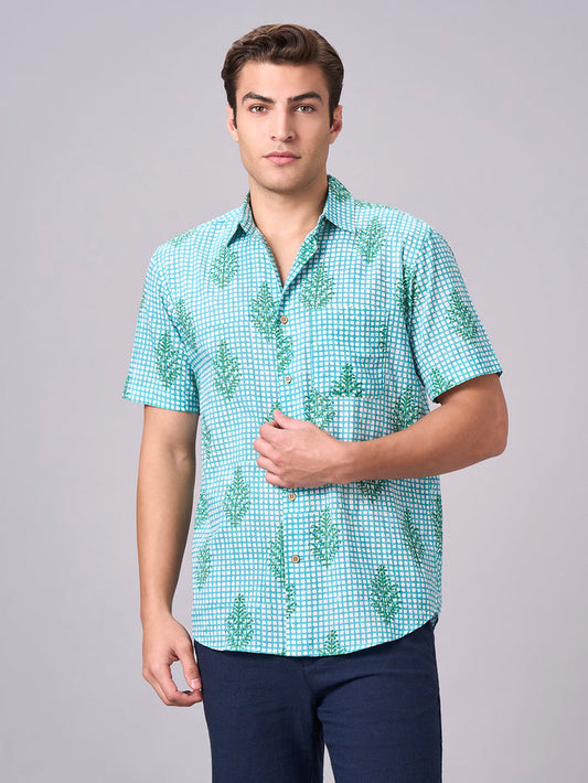 Men's 100% Cotton Regular Fit Half Sleeves Printed Shirt Green