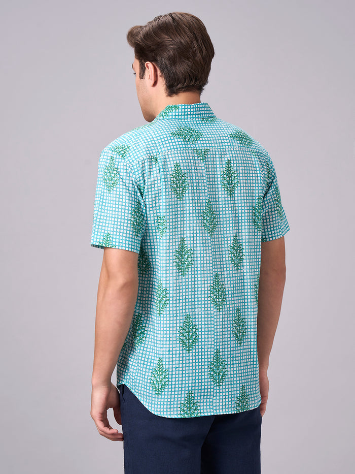Men's 100% Cotton Regular Fit Half Sleeves Printed Shirt Green