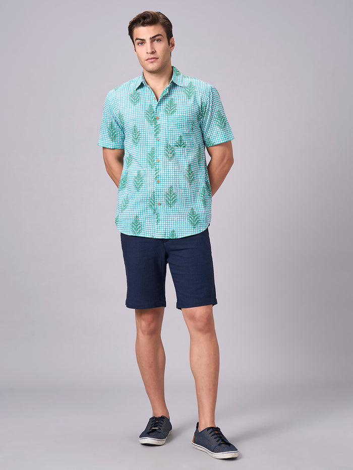 Men's 100% Cotton Regular Fit Half Sleeves Printed Shirt Green