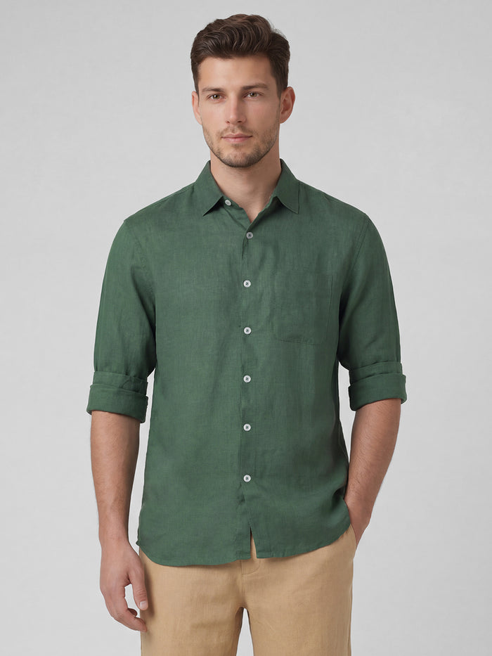 Men's 100% Linen Full Sleeves Regular Fit Shirt Green