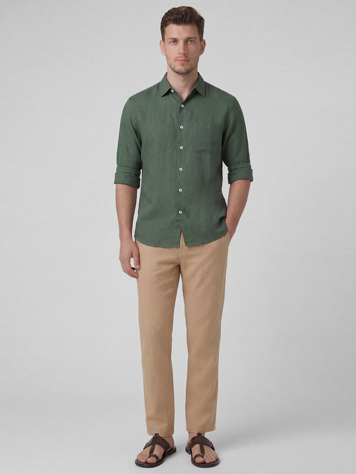 Men's 100% Linen Full Sleeves Regular Fit Shirt Green