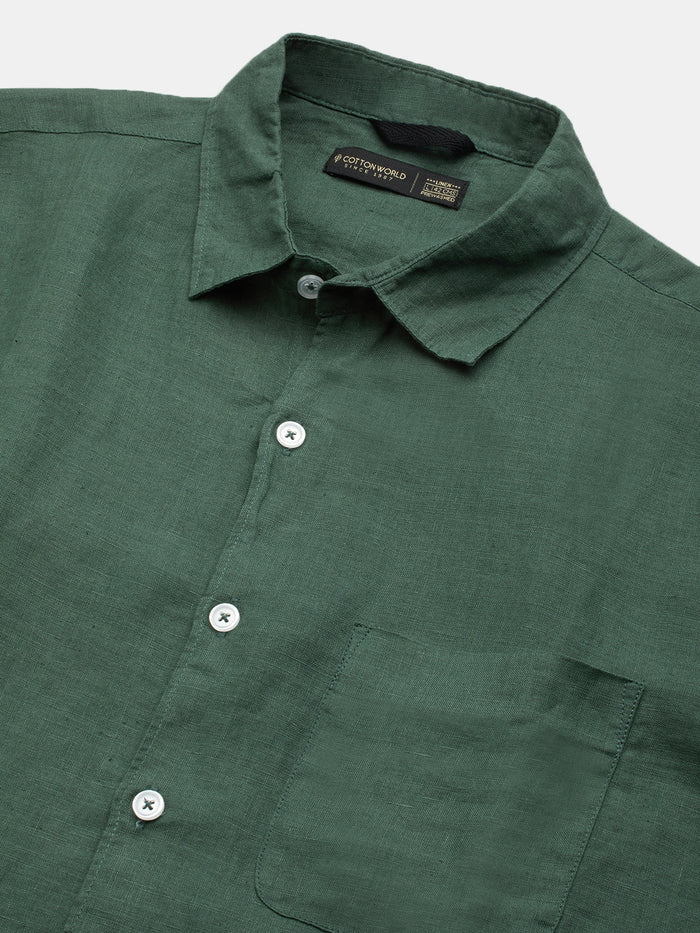 Men's 100% Linen Full Sleeves Regular Fit Shirt Green
