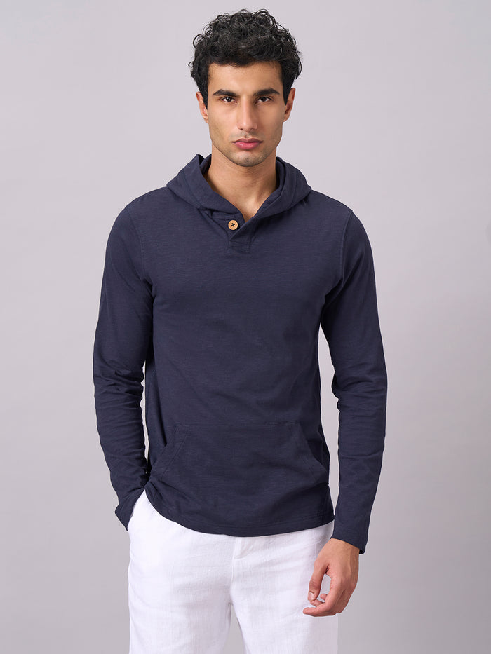 Men's 100% Organic Cotton Hooded Regular Fit Tshirt Navy