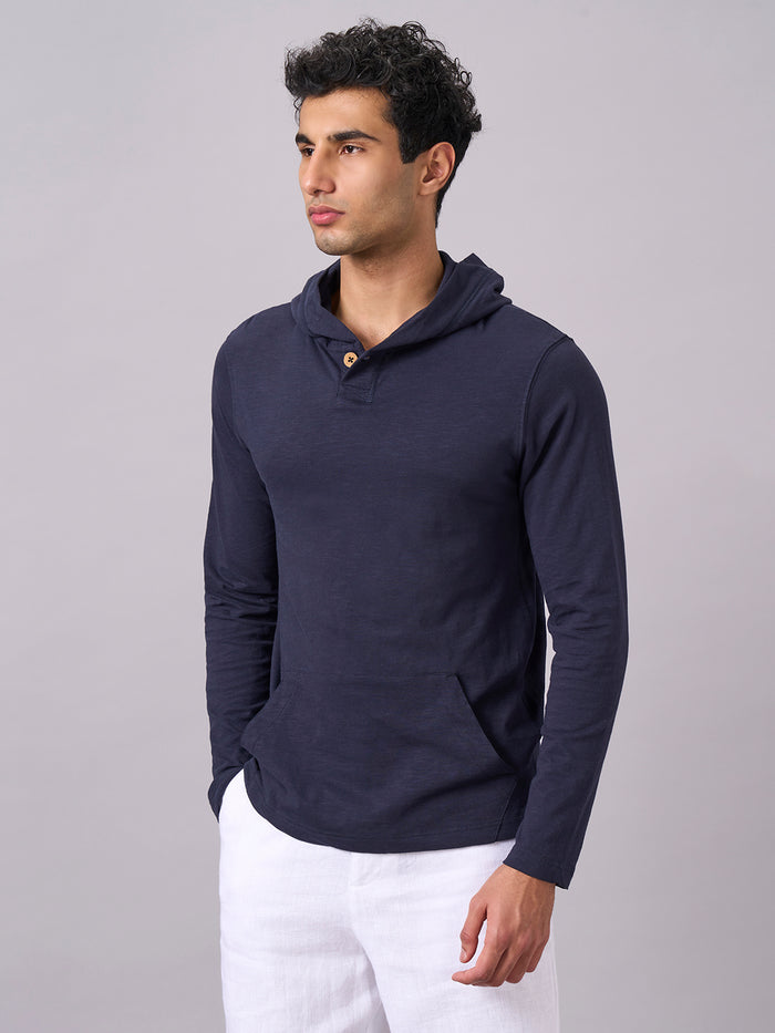 Men's 100% Organic Cotton Hooded Regular Fit Tshirt Navy
