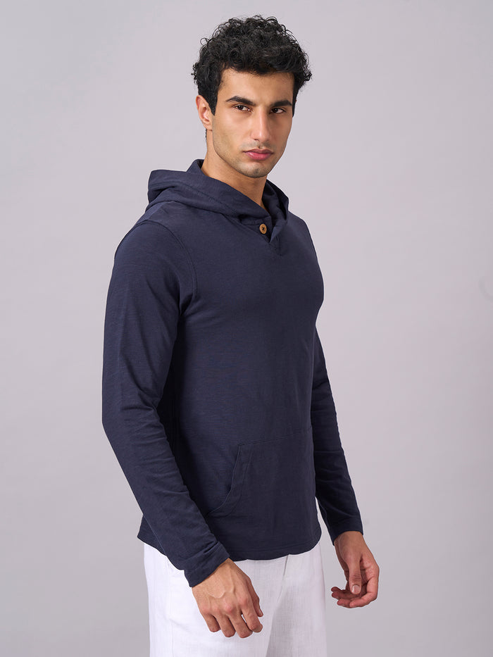 Men's 100% Organic Cotton Hooded Regular Fit Tshirt Navy