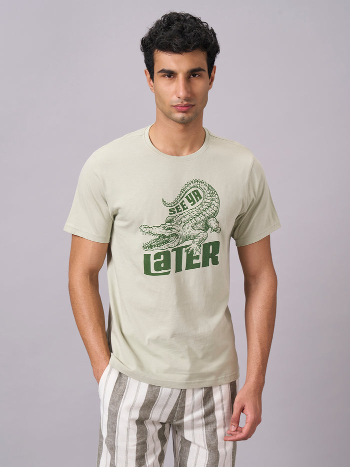 Men's 100% Organic Cotton Round Neck Regular Fit Graphic Tshirt Green