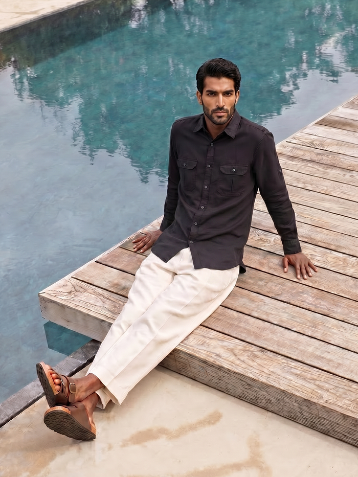 Men's Black Linen Cotton Regular Fit Shirt