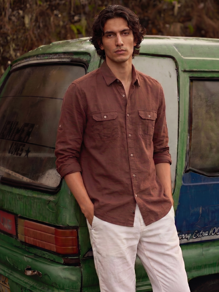 Men's Brown Linen Cotton Regular Fit Shirt