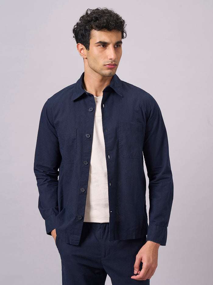 Men's Cotton Linen Regular Fit Jacket Navy