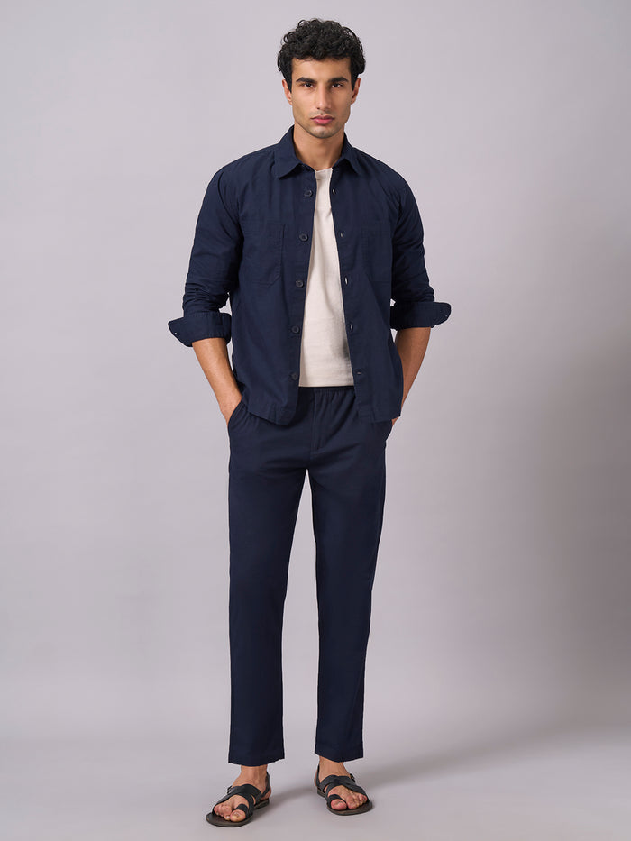Men's Cotton Linen Regular Fit Pant Navy