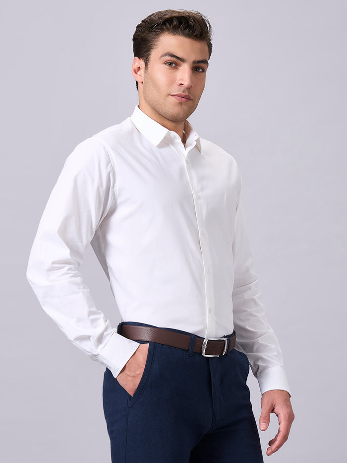 Men's Cotton Lycra Slim Fit Regular Collar Shirt White