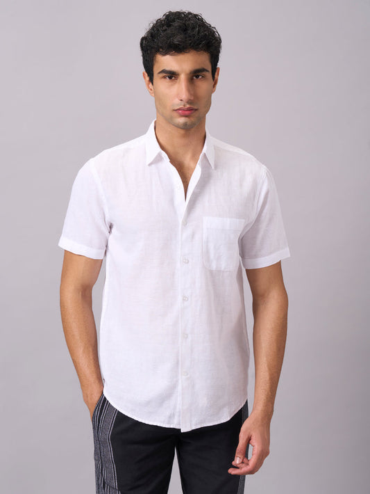 Men's Half Sleeves Cotton Linen Regular Fit Shirt White