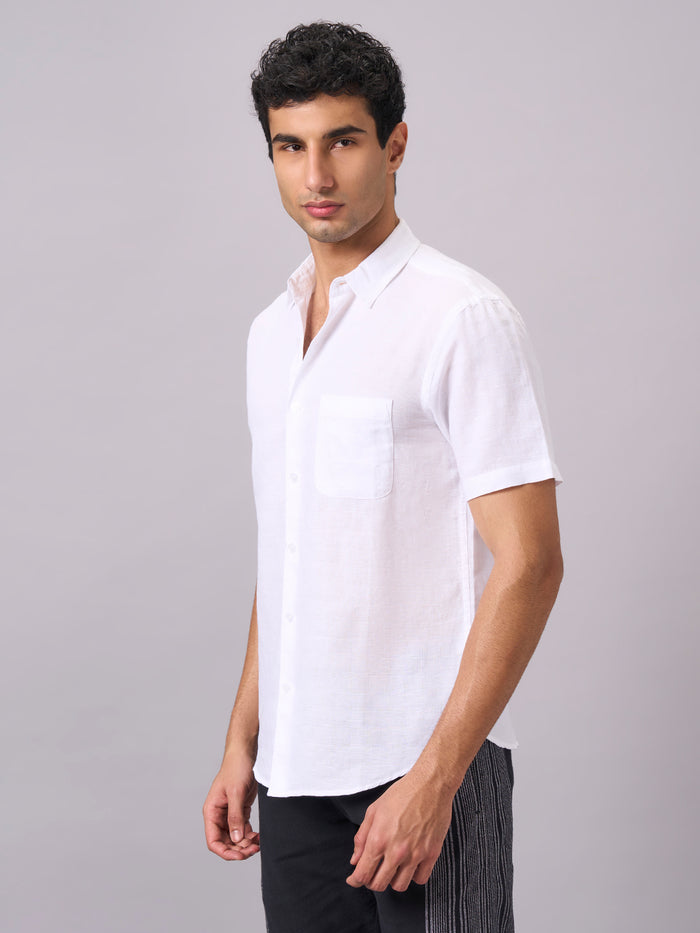 Men's Half Sleeves Cotton Linen Regular Fit Shirt White