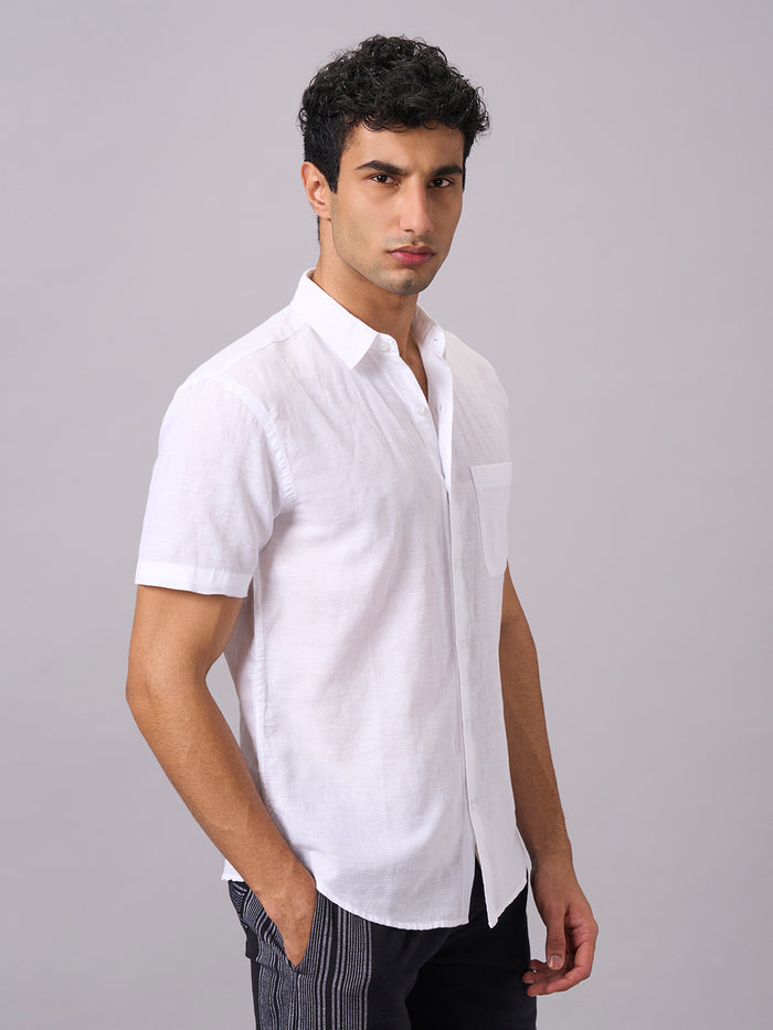 Men's Half Sleeves Cotton Linen Regular Fit Shirt White