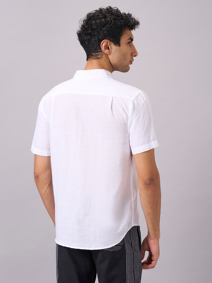 Men's Half Sleeves Cotton Linen Regular Fit Shirt White