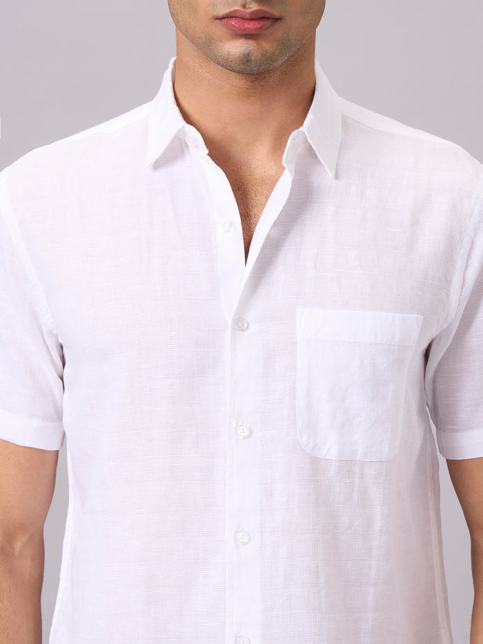 Men's Half Sleeves Cotton Linen Regular Fit Shirt White