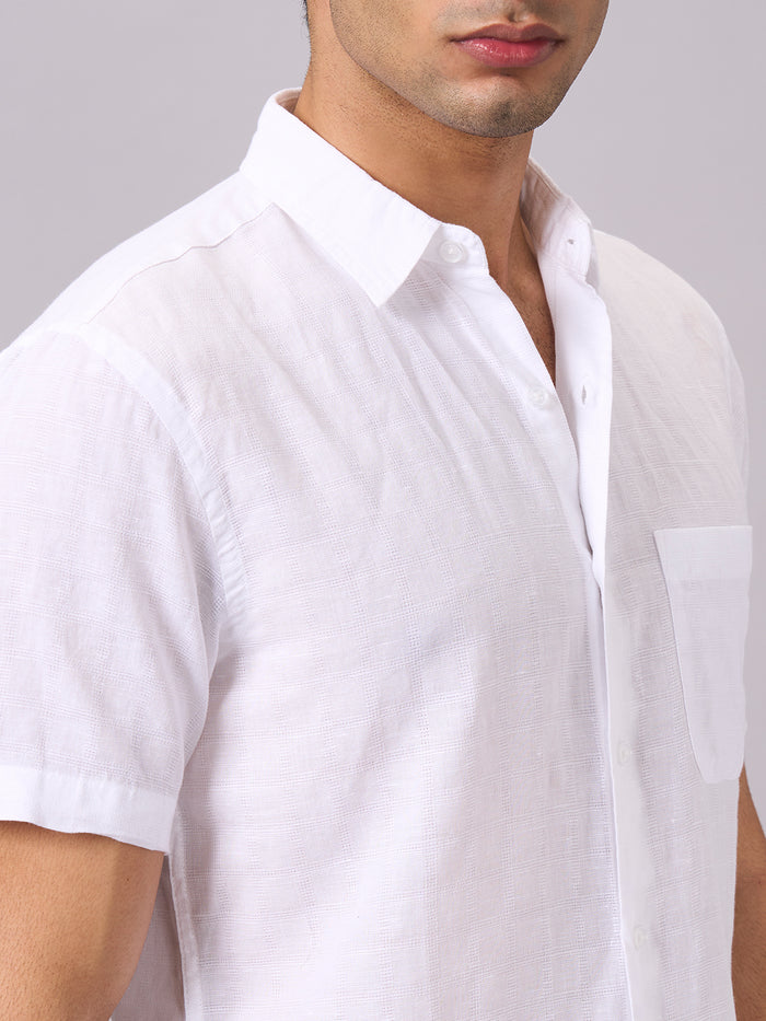 Men's Half Sleeves Cotton Linen Regular Fit Shirt White