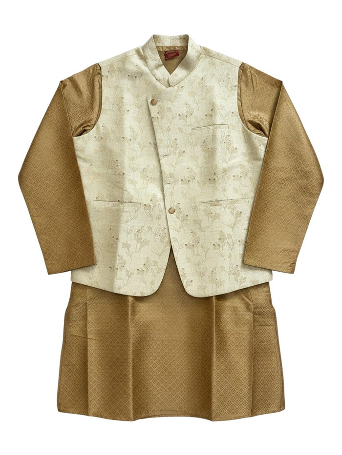 Kurti Connection USA mens gold kurta and pant set with a cream floral embroidered Nehru jacket