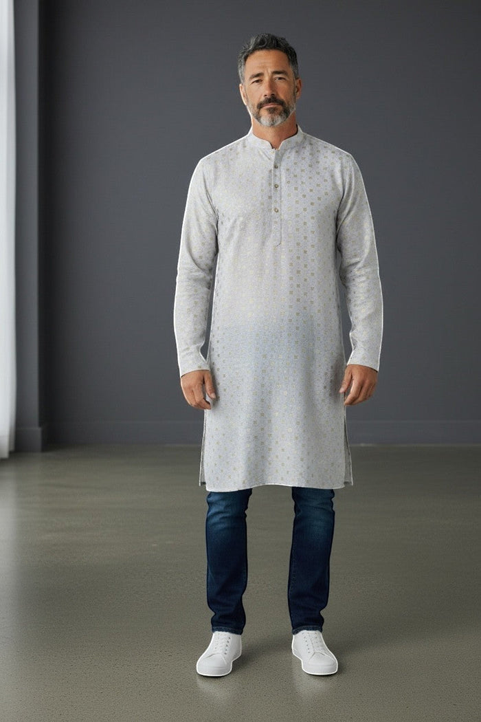 Kurti Connection USA men's light grey kurta shirt with subtle gold geometric pattern, mandarin collar, and button placket.