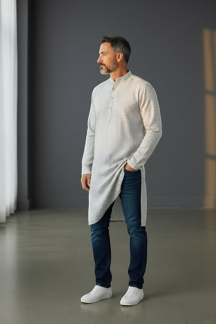 Kurti Connection USA men's light grey kurta shirt with subtle gold geometric pattern, mandarin collar, and button placket.