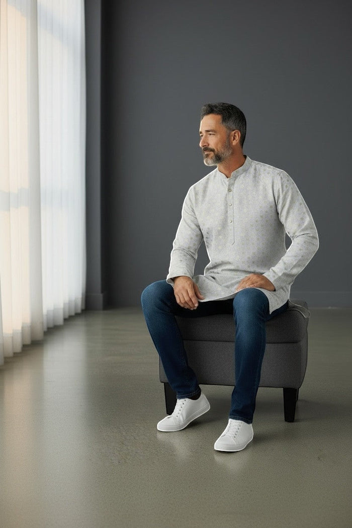 Kurti Connection USA men's light grey kurta shirt with subtle geometric pattern, mandarin collar, and button placket.