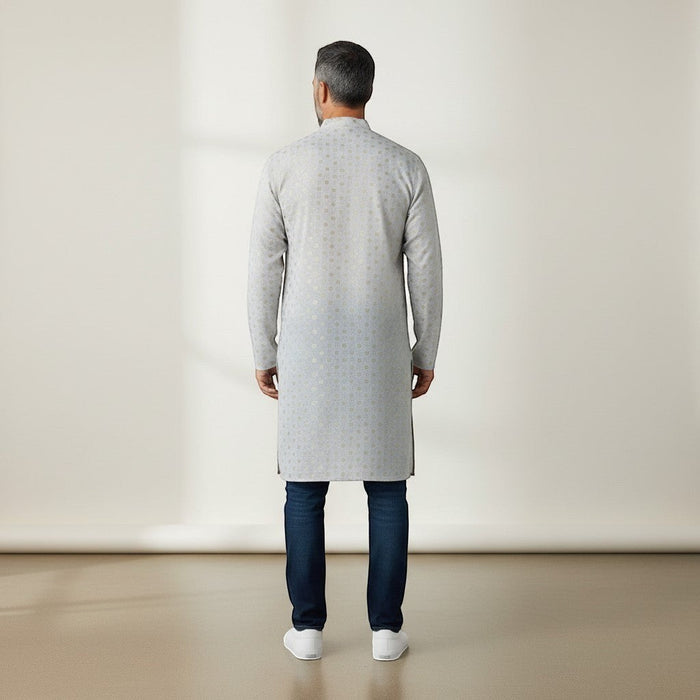 Kurti Connection USA men's light grey kurta shirt with subtle gold geometric pattern, mandarin collar, and relaxed fit.