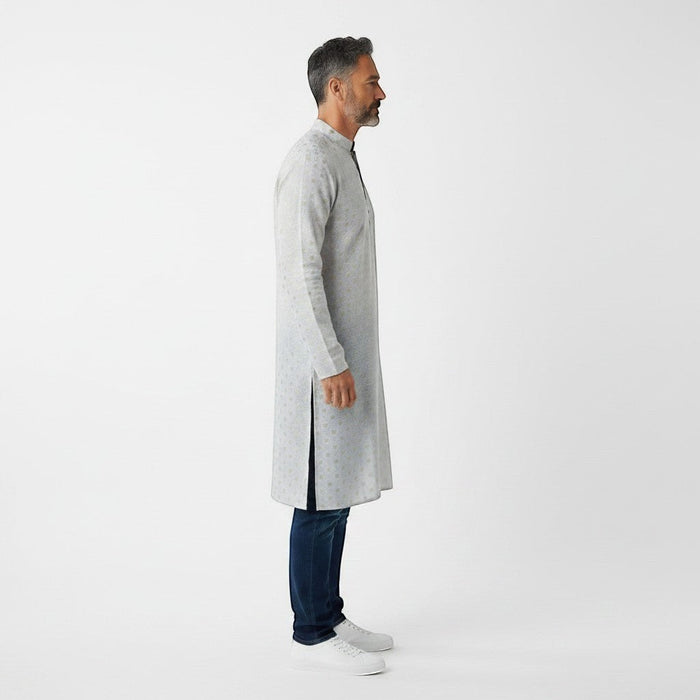 Kurti Connection USA men's light grey kurta shirt with subtle geometric pattern and mandarin collar.