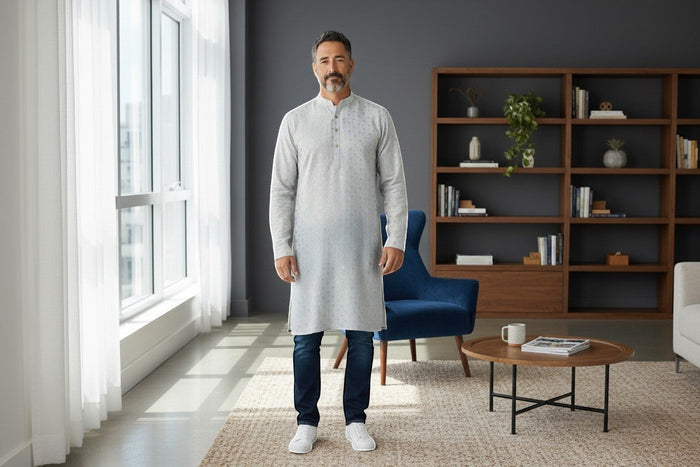 Kurti Connection USA men's light grey kurta shirt with subtle geometric pattern, mandarin collar, and button placket.