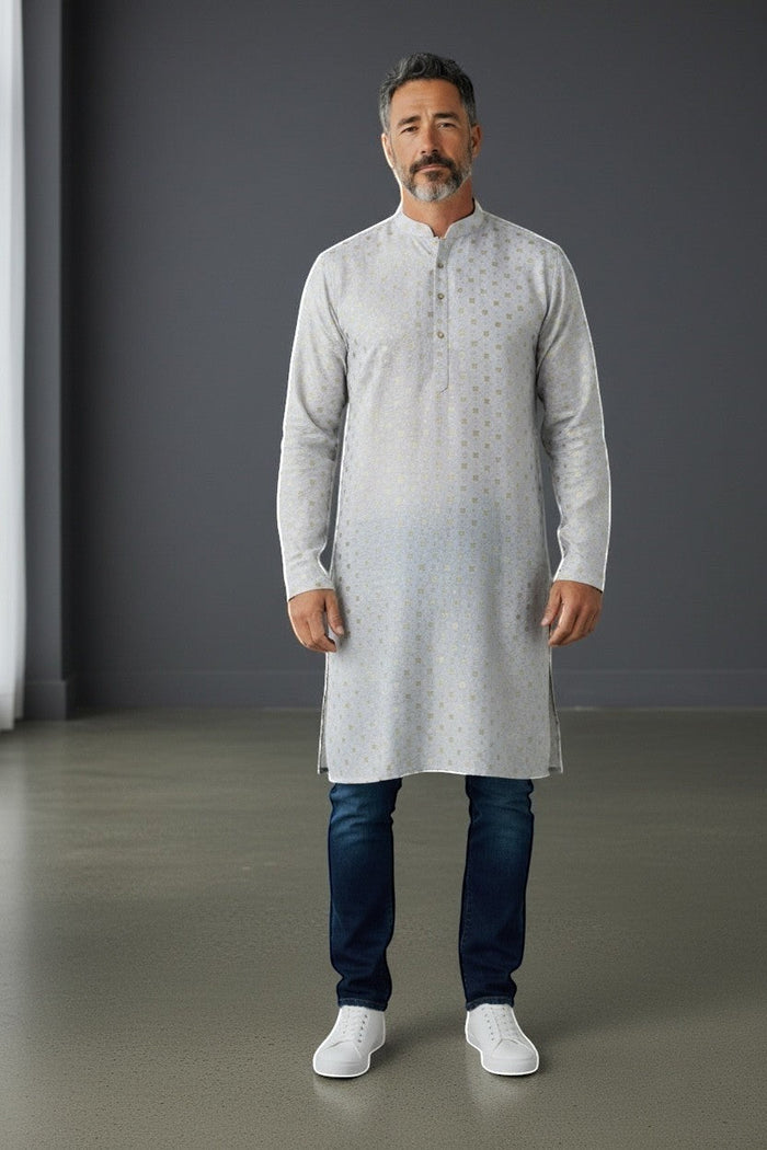 Kurti Connection USA men's light grey kurta shirt with subtle gold geometric pattern, mandarin collar, and button placket.