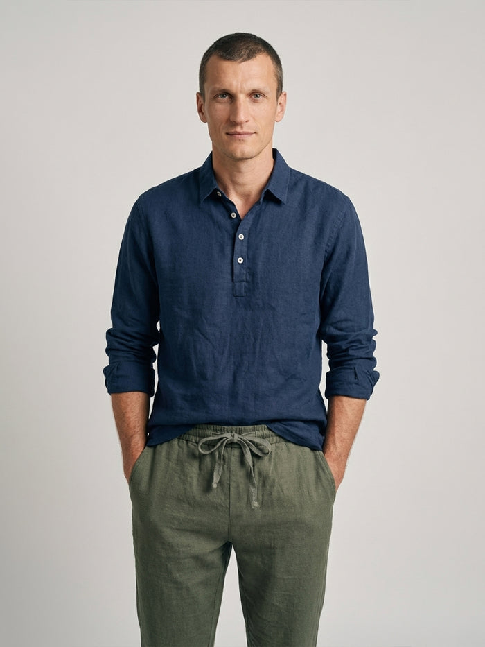 Men's Navy Linen Cotton Regular Fit Shirt