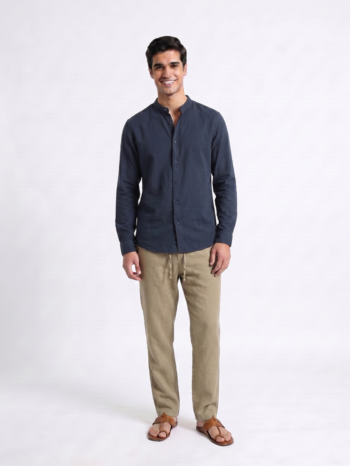 Men's Olive 100% Linen Regular Fit Pant