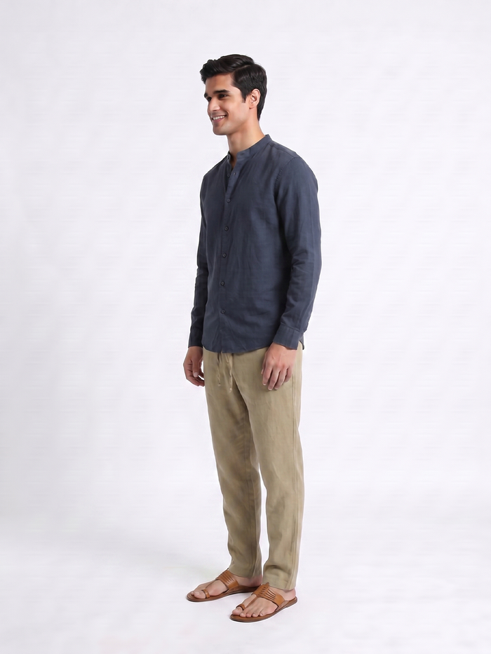 Men's Olive 100% Linen Regular Fit Pant