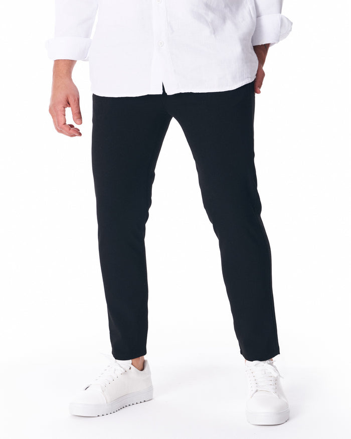 Martin Valen men's black lightweight trousers, front mid-body view showing straight fit