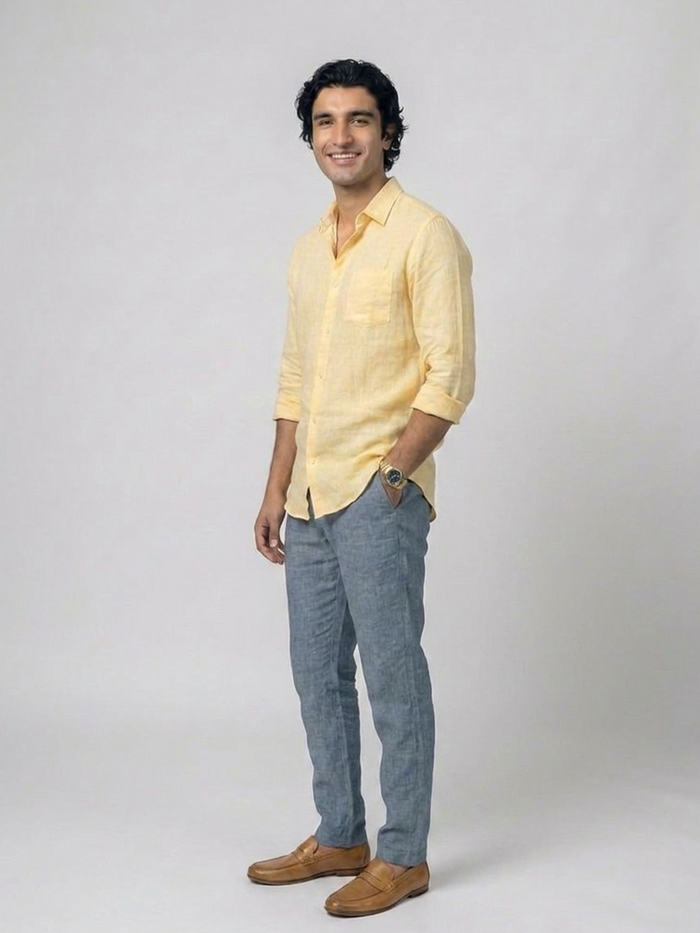 Men's Yellow 100% Linen Regular Fit Shirt
