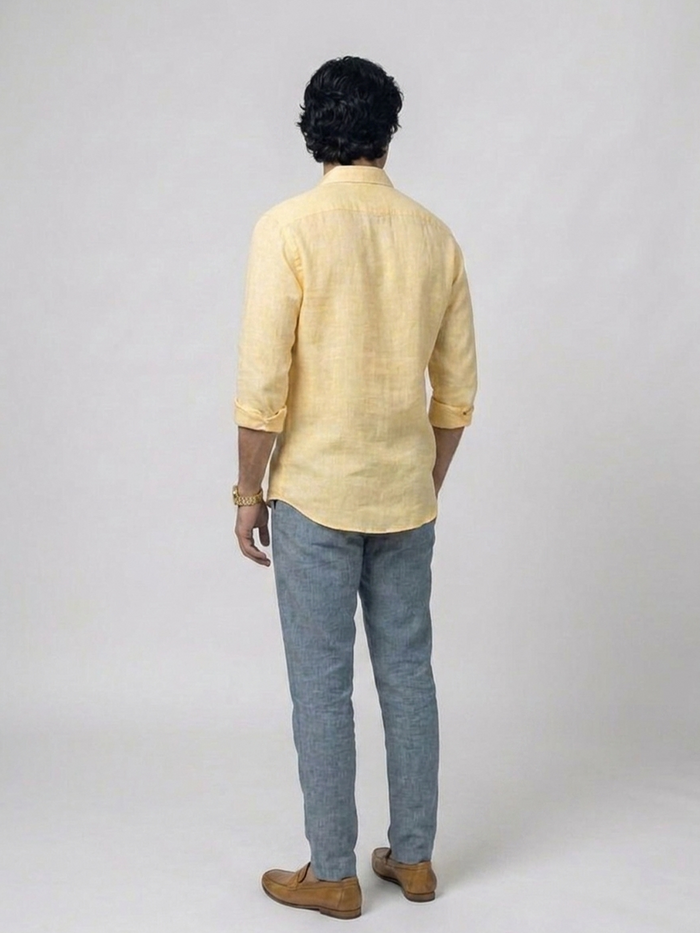 Men's Yellow 100% Linen Regular Fit Shirt