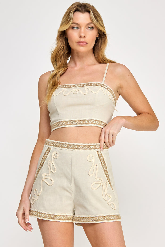 Mesa Set - Tribal Lace Linen Top Pocket Shorts