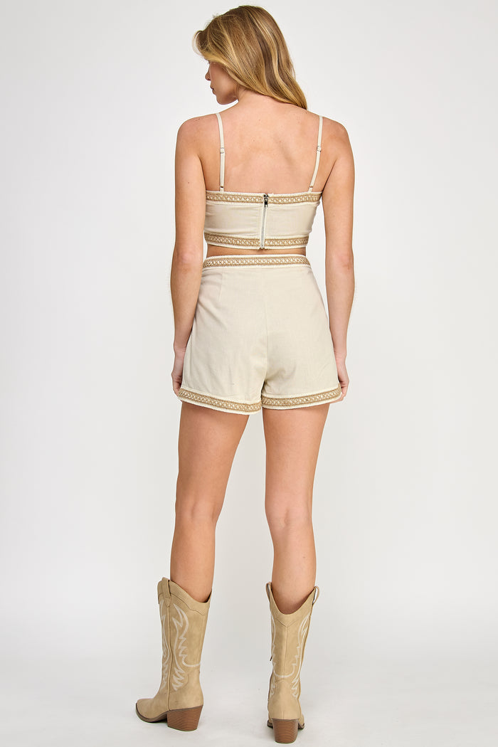 Mesa Set - Tribal Lace Linen Top Pocket Shorts