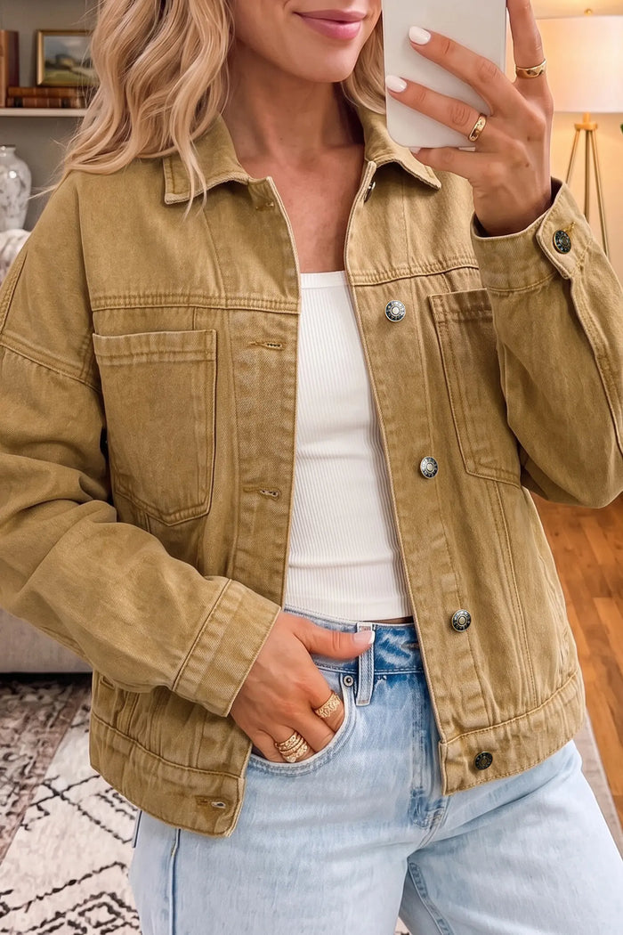 Metal Button Front Long Sleeve Collar Denim Jacket – Honey Gold