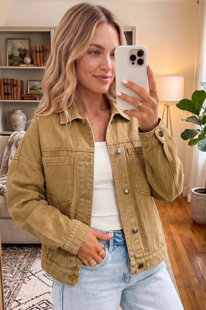 Metal Button Front Long Sleeve Collar Denim Jacket – Honey Gold