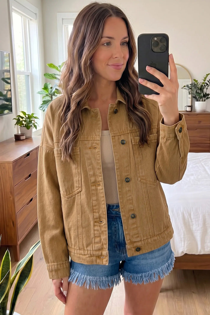 Metal Button Front Long Sleeve Collar Denim Jacket – Honey Gold