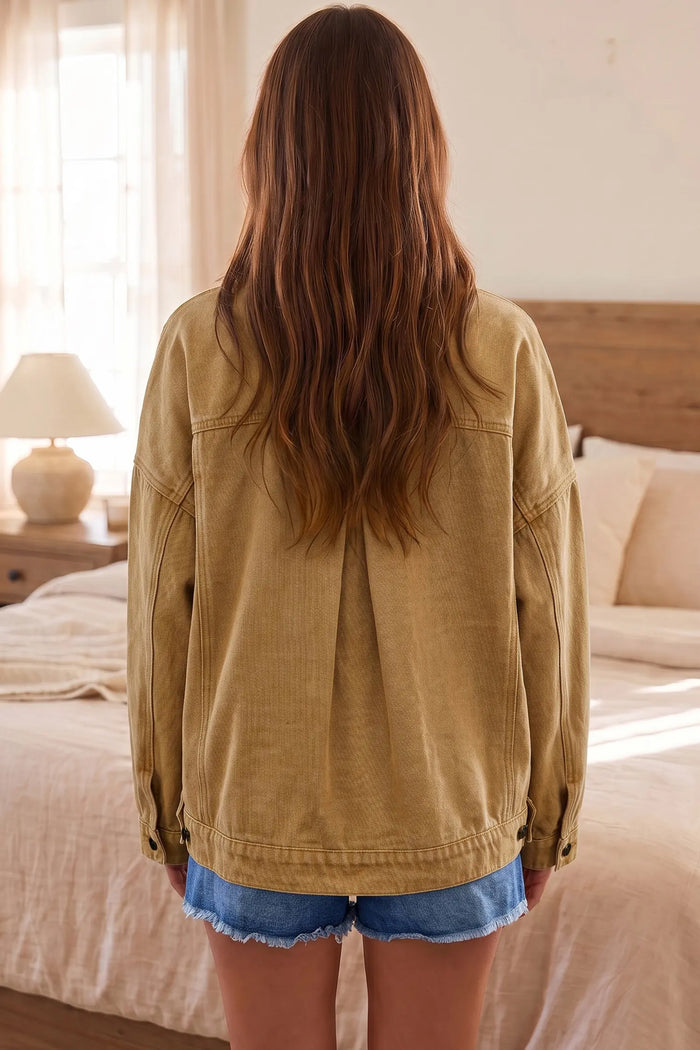 Metal Button Front Long Sleeve Collar Denim Jacket – Honey Gold