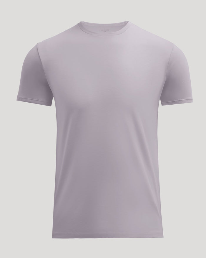 A short-sleeve crewneck t-shirt in a light lavender-gray color, displayed on a neutral light gray background.