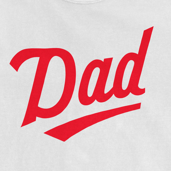 Comfort Colors tee with red "Dad" text and underline, celebrating Minnesota baseball dads.