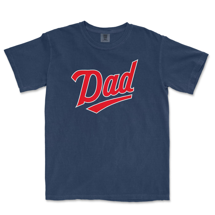 Comfort Colors navy T-shirt with red and white "Dad" text, designed for Minnesota baseball dads.