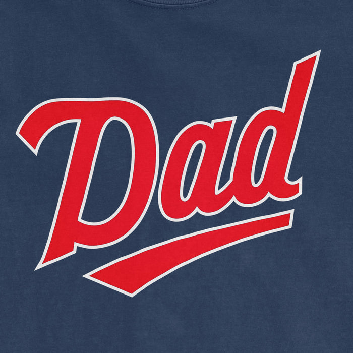 Comfort Colors blue tee with bold red and white "Dad" text, celebrating Minnesota baseball dads.