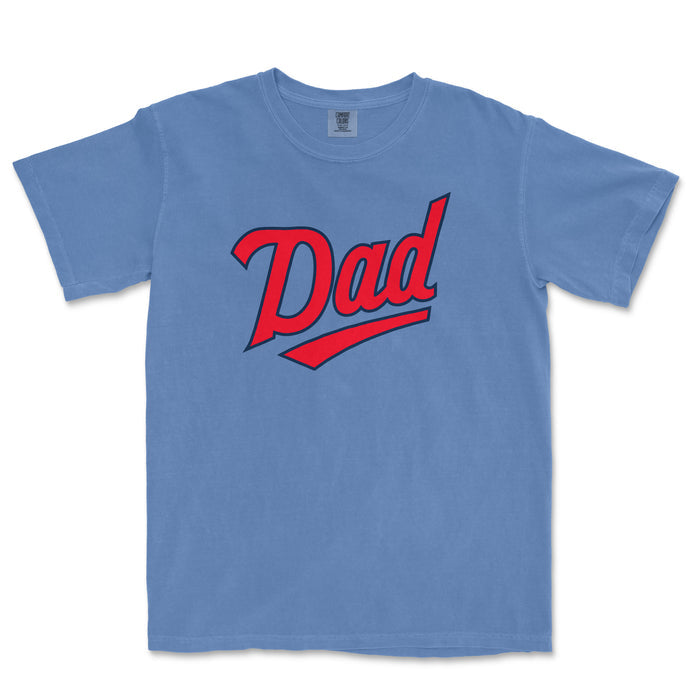 Comfort Colors blue T-shirt with red "Dad" text and underline, designed for Minnesota baseball dads.