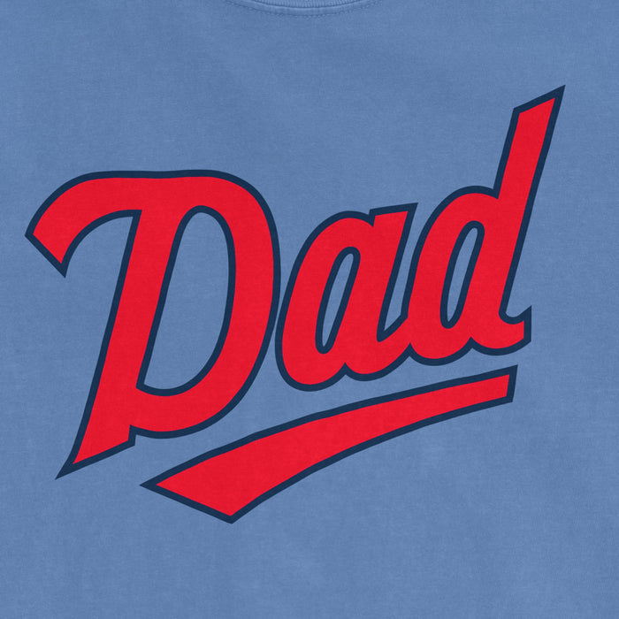 Comfort Colors blue t-shirt with red "Dad" text outlined in black, celebrating Minnesota baseball dads.
