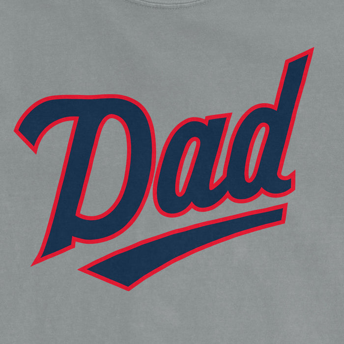 Comfort Colors tee with "Dad" in bold navy blue text outlined in red, on a gray background, celebrating Minnesota baseball dads.