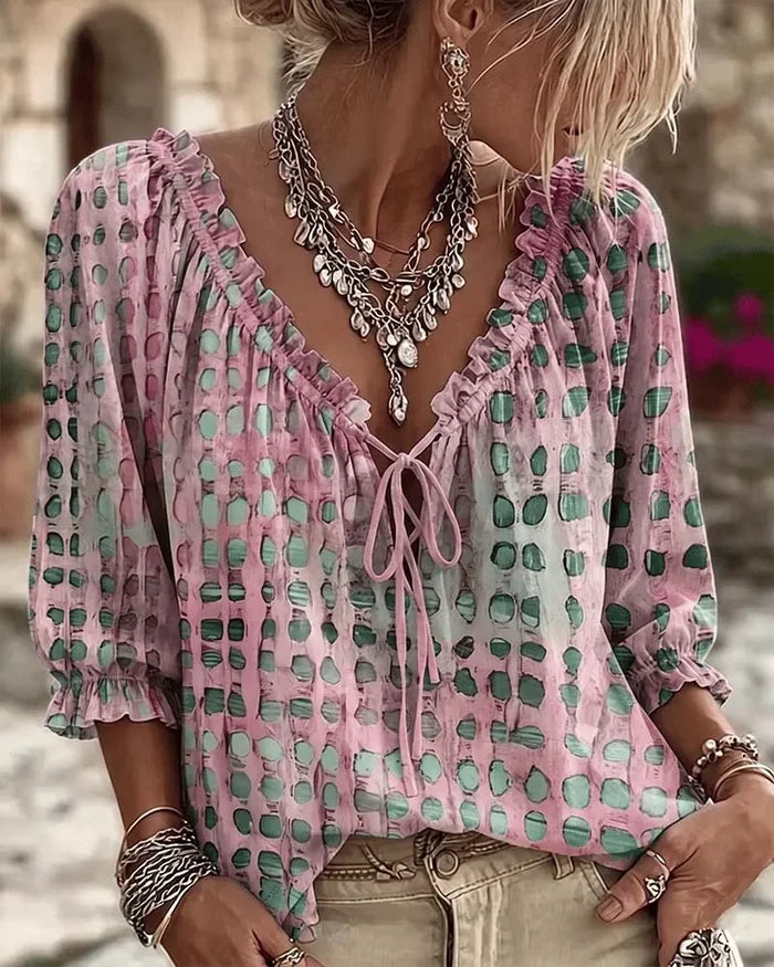 Mireva - Blouse femme à pois avec col V et lien ajustable