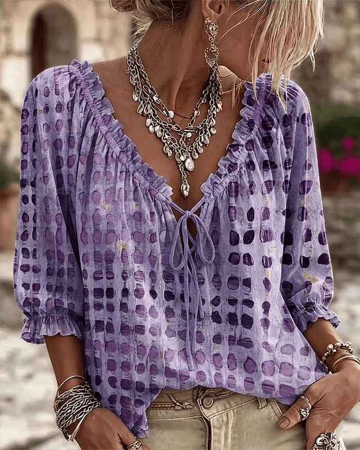 Mireva - Blouse femme à pois avec col V et lien ajustable